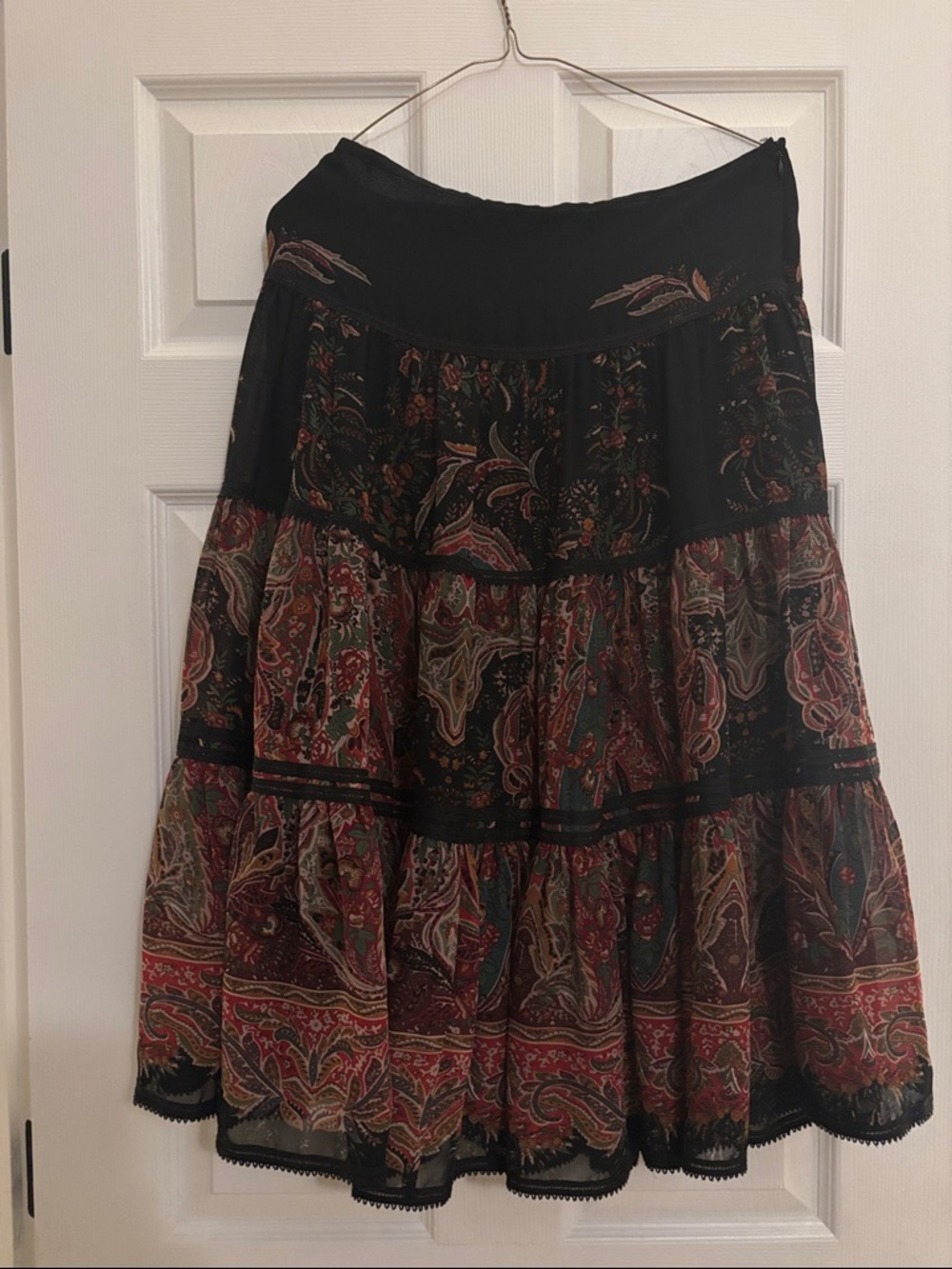Ralph Lauren Black Boho Paisley Tiered Midi Skirt with Red & Green Accents